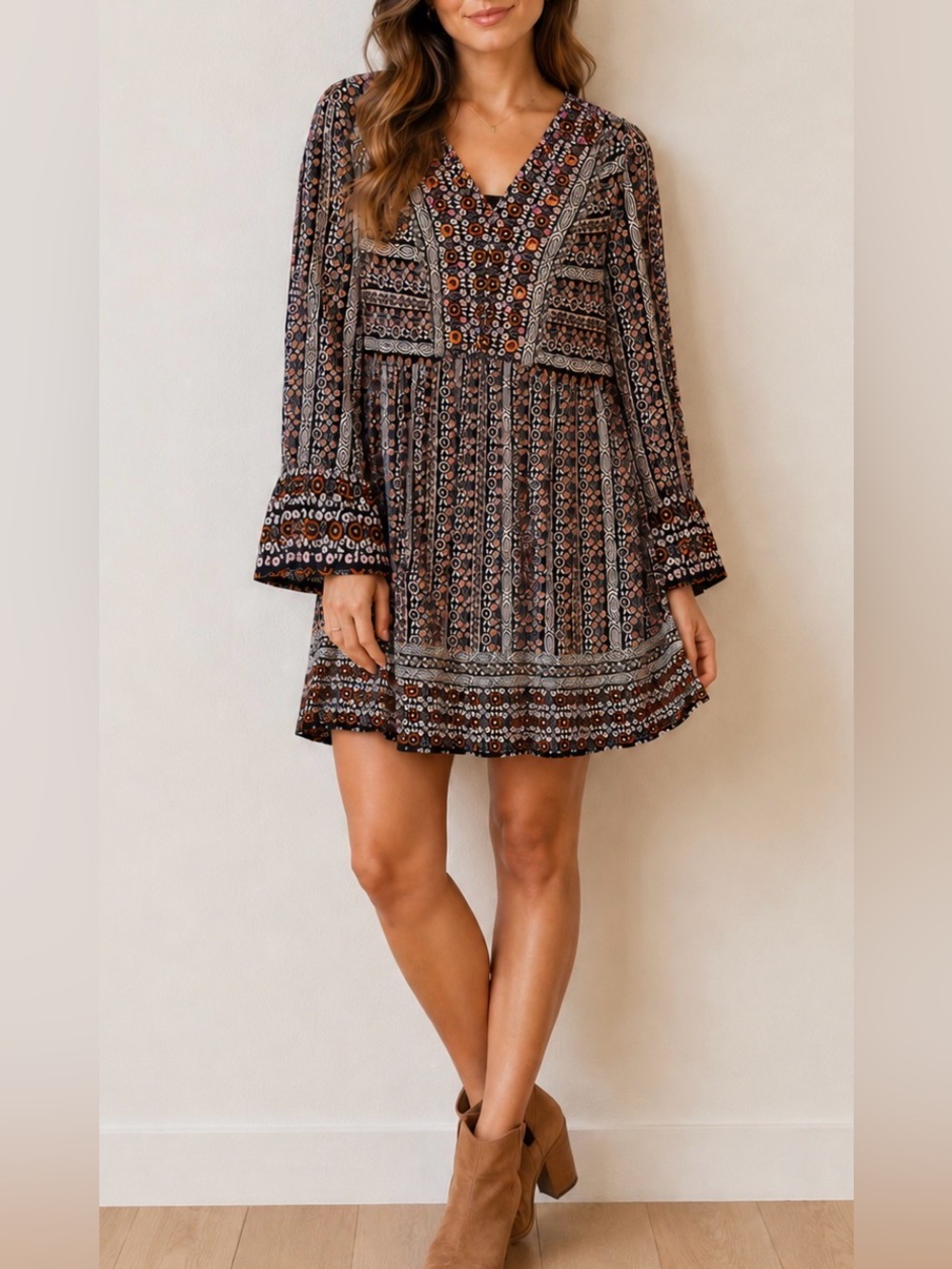 Maeve by Anthropologie Gorgeous Flowy Boho Mini Dress Hippie Bell Cuff Small